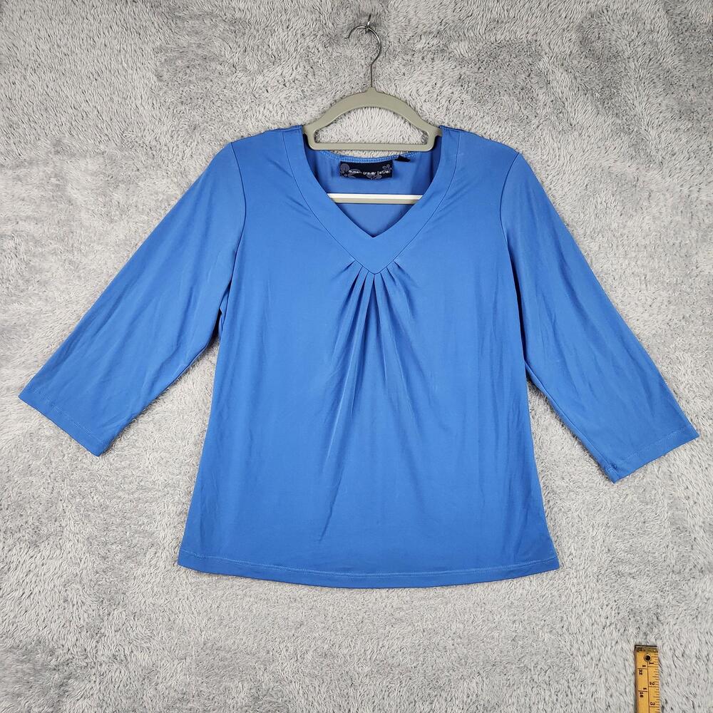 Vintage Susan Graver Blouse Womens Small Blue 3/4 Sleeve Stretch Preppy Office